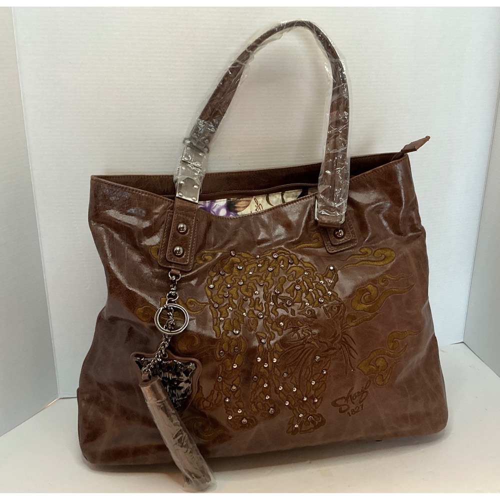 Sharif Studio Y2K Tote Bag Brown Embroidered Tiger Rhinestone L Boho Shoulder